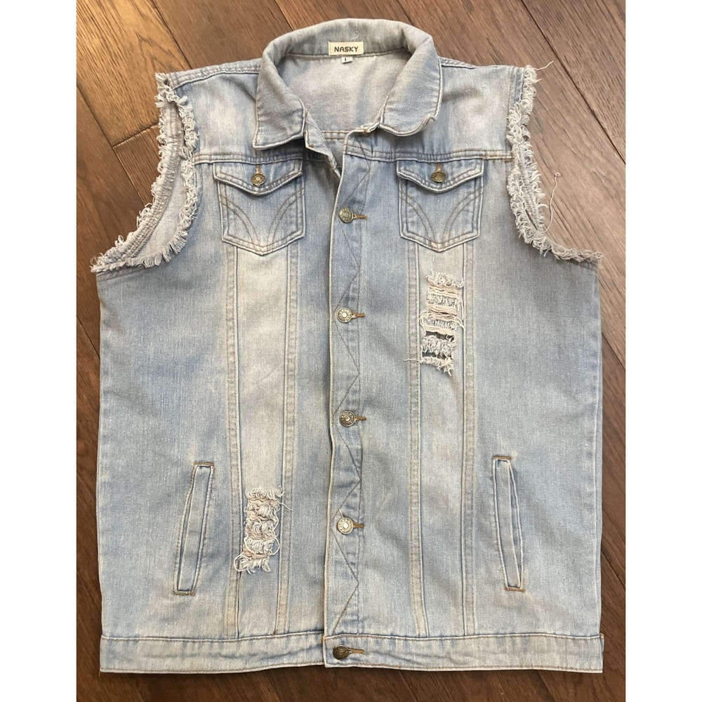 Nasky Light Wash Distressed Ripped Denim Vest Sleeveless Retro Jean‎ Jacket L